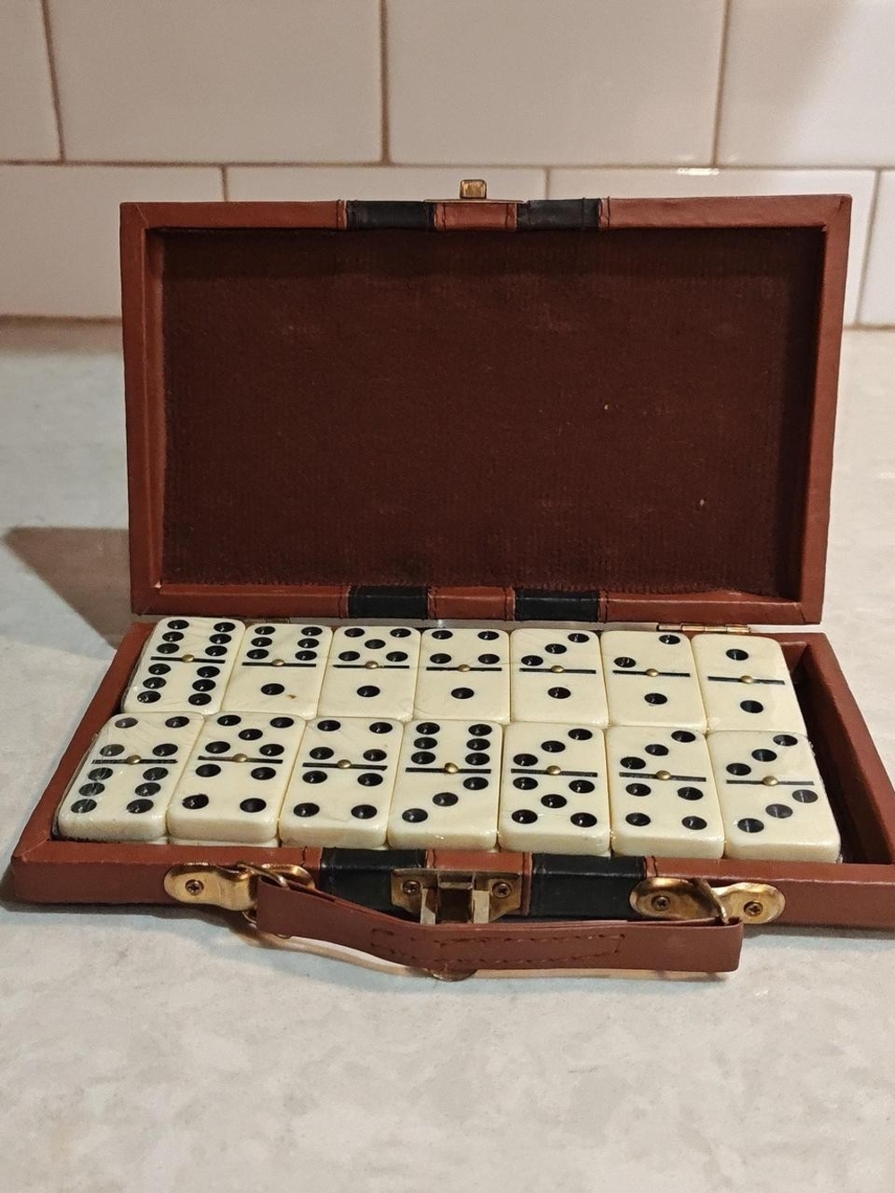 Antique Vintage 28 Piece Brass Pin Domino Set With Suitcase/Sealed Dominos NIB